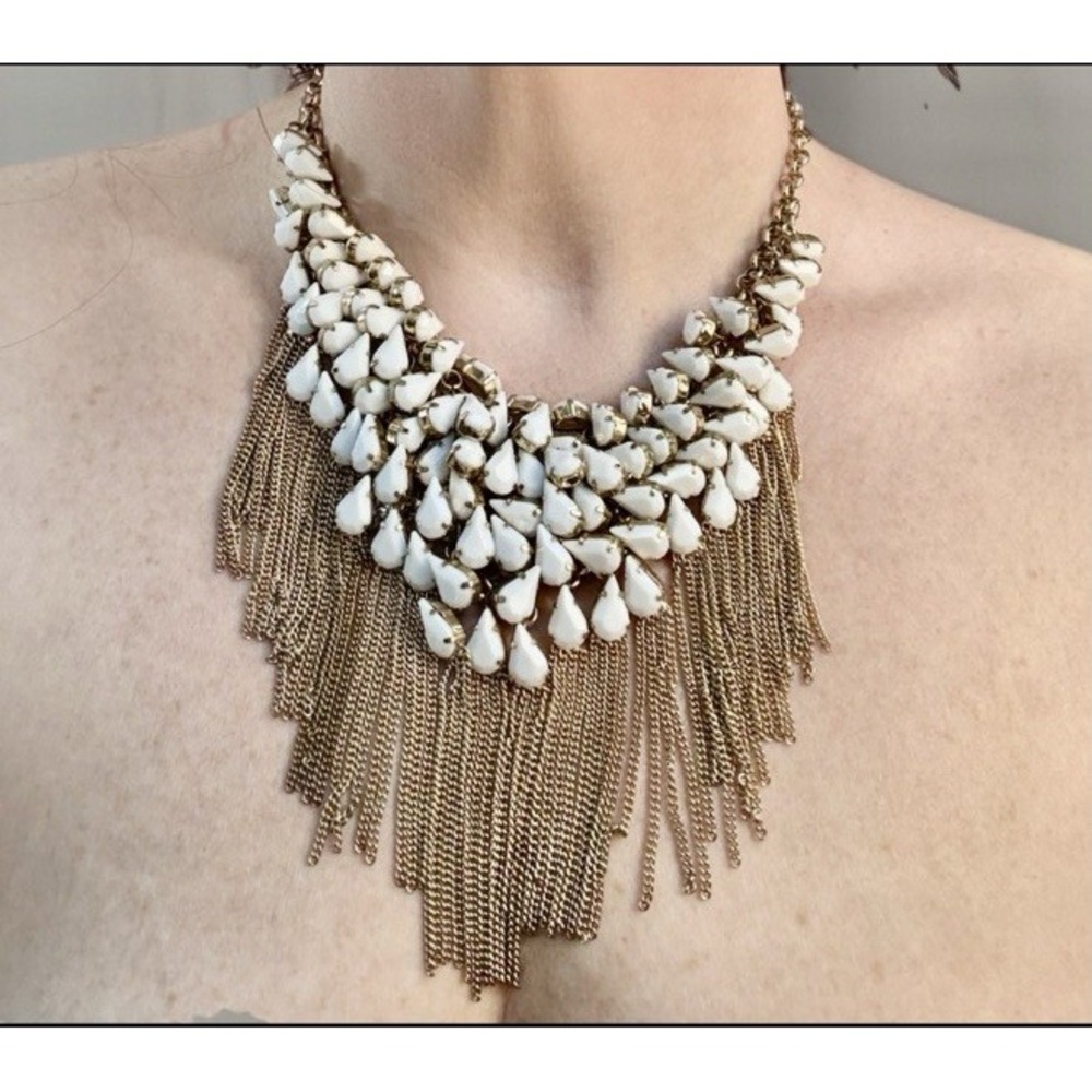 Victorian Revival Bib Necklace Milk Glass Chain Curtain Statement Glam Gold Tone